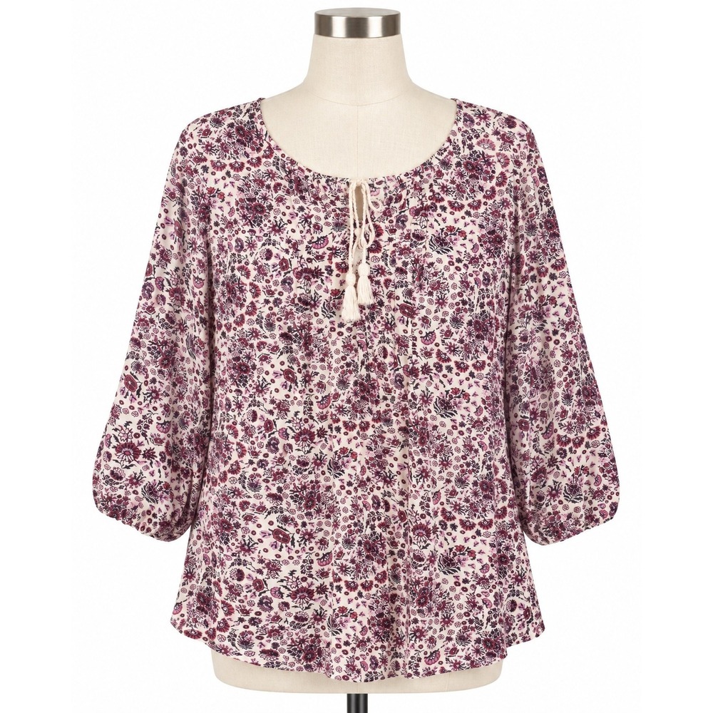 Sonoma Floral Blouse Womens L Purple Boho Tassel Tie Balloon Sleeve Excellent